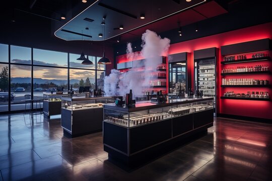 Vape shop interior with display of e-liquids, mods, and accessories