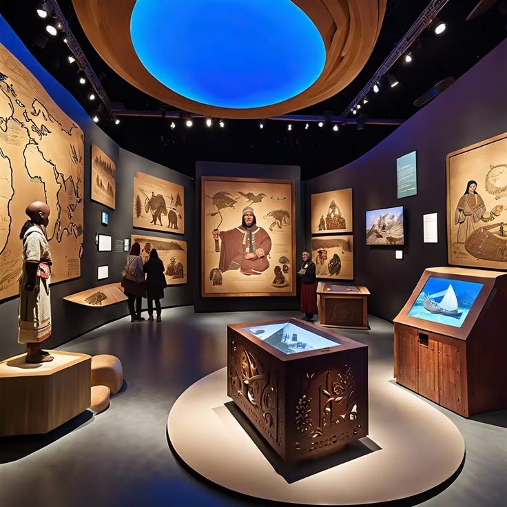 Museum visitors viewing exhibition with member cards visible at front desk