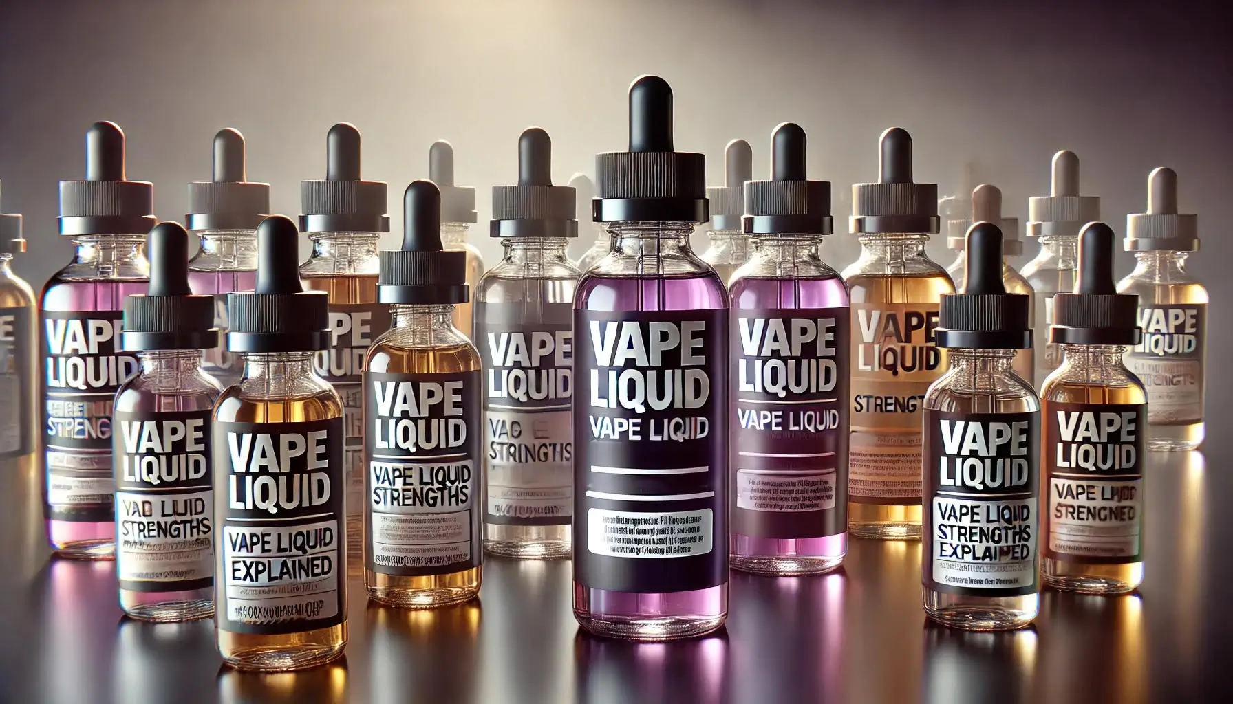 Vape shop e-liquid bottles arranged by flavor and brand on shelves