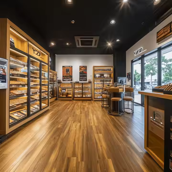 Customer browsing humidor of premium cigars with shop owner