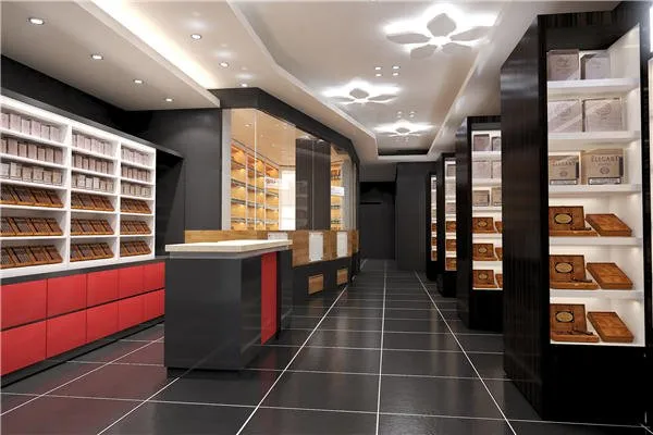 Tobacco shop interior with shelves of cigars and pipe tobacco