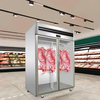 Butcher shop walk-in cooler with primal cuts and labeled hanging meats organised for inventory control