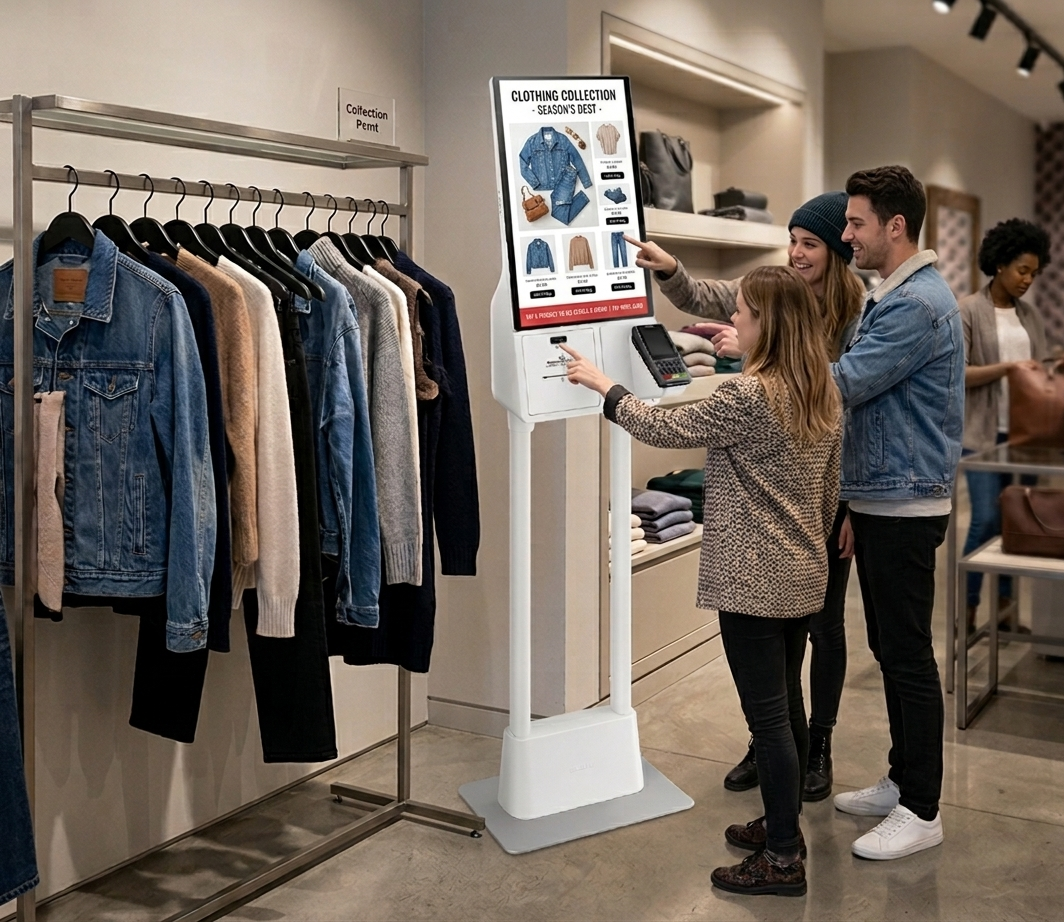 Customers using a ShapesPay self-service kiosk in store